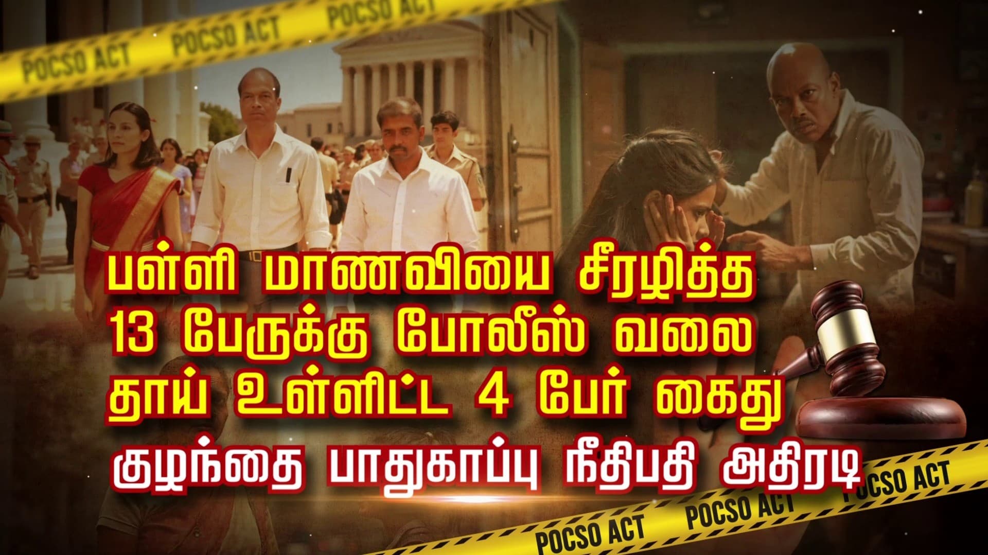 பள்ளி மாணவியை சீரழித்த 13 பேருக்கு போலீஸ் வலை.. தாய் உள்ளிட்ட 4 பேர் கைது.. குழந்தை பாதுகாப்பு  நீதிபதி அதிரடி..